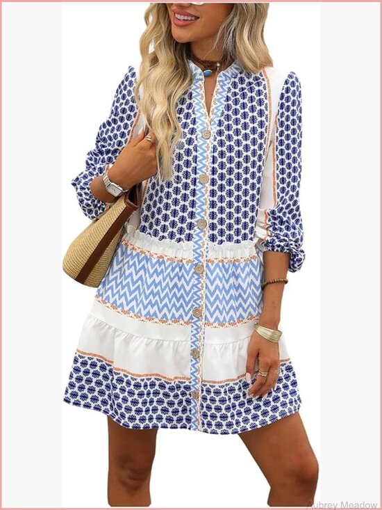Dresses & Skirts - Women's Smocked Mini Dress Flowy Long Sleeve Button Front V Neck Ruffle Hem